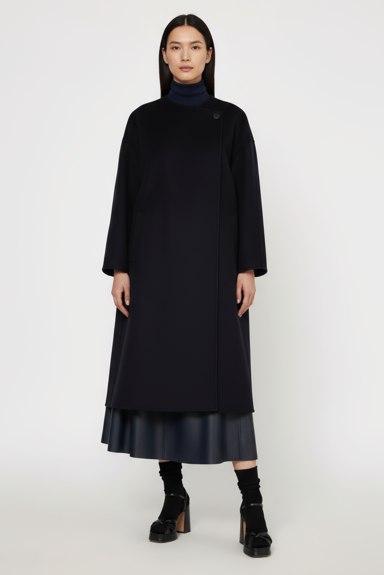 Manteau long croisé Myrtle en laine Dark Blue, Valentine Gauthier