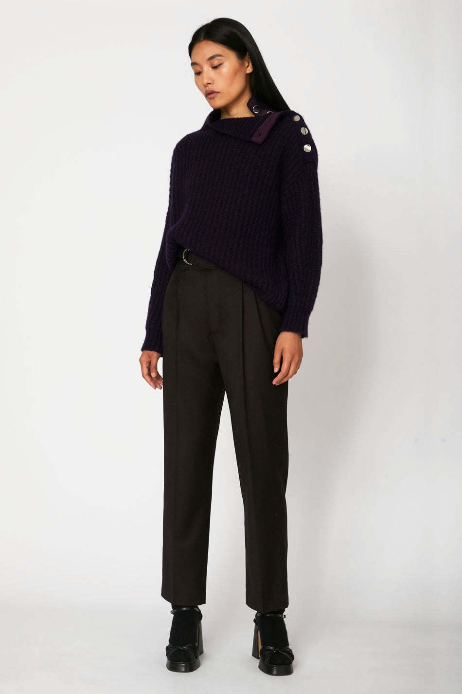 Pantalon Vane en flanelle de laine Réglisse, Valentine Gauthier