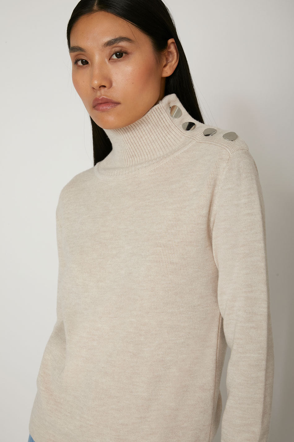 Pull Picasso col montant en laine mérinos craie, Valentine Gauthier