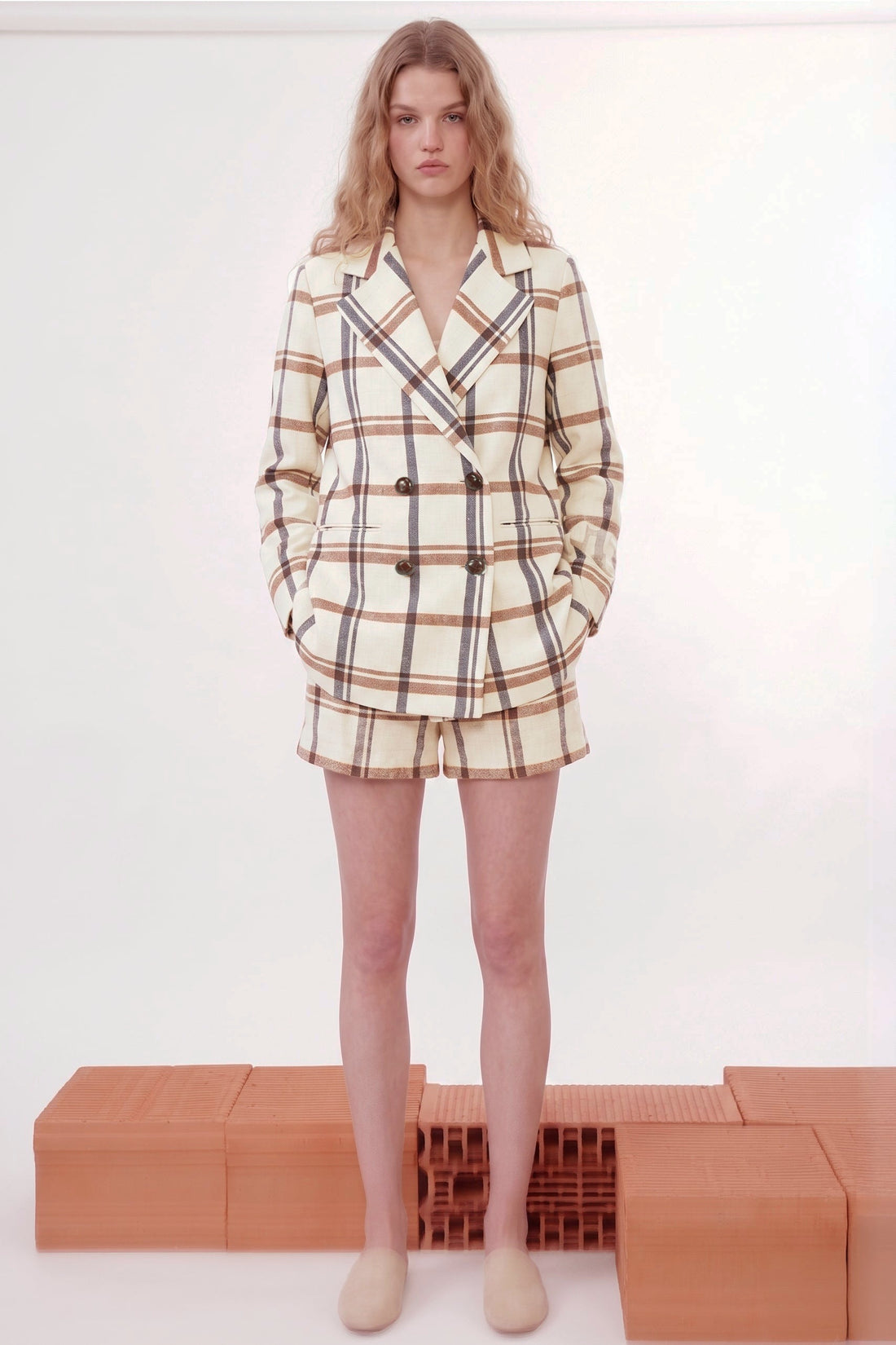 Veste croisée Morisson à carreaux en lin et coton Meadow Check, Valentine Gauthier
