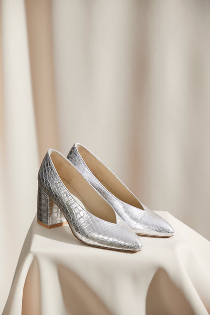 Hesse Silver Snake Calfskin Pumps