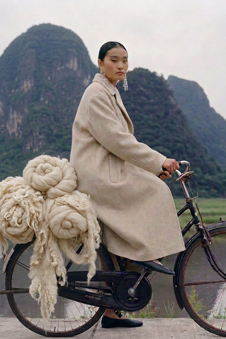Manteau Leen en laine ecrue chinée